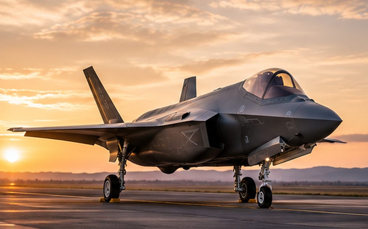 Military jet aircraft on a runway at sunset